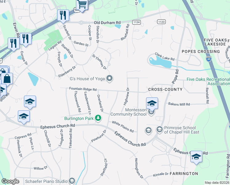map of restaurants, bars, coffee shops, grocery stores, and more near 1925 Fountain Ridge Road in Chapel Hill