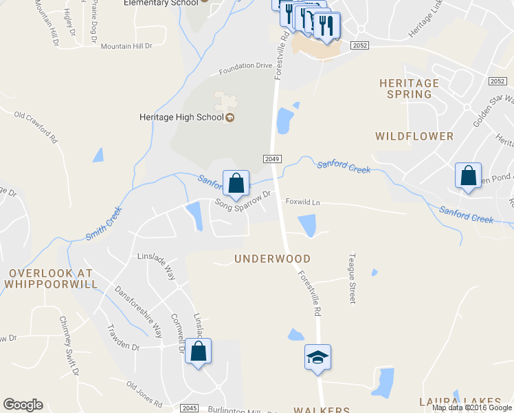 map of restaurants, bars, coffee shops, grocery stores, and more near 4017 Song Sparrow Drive in Wake Forest