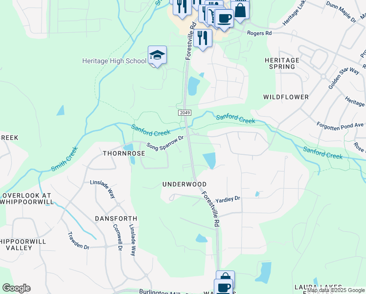 map of restaurants, bars, coffee shops, grocery stores, and more near 1309 Trailing Rose Court in Wake Forest
