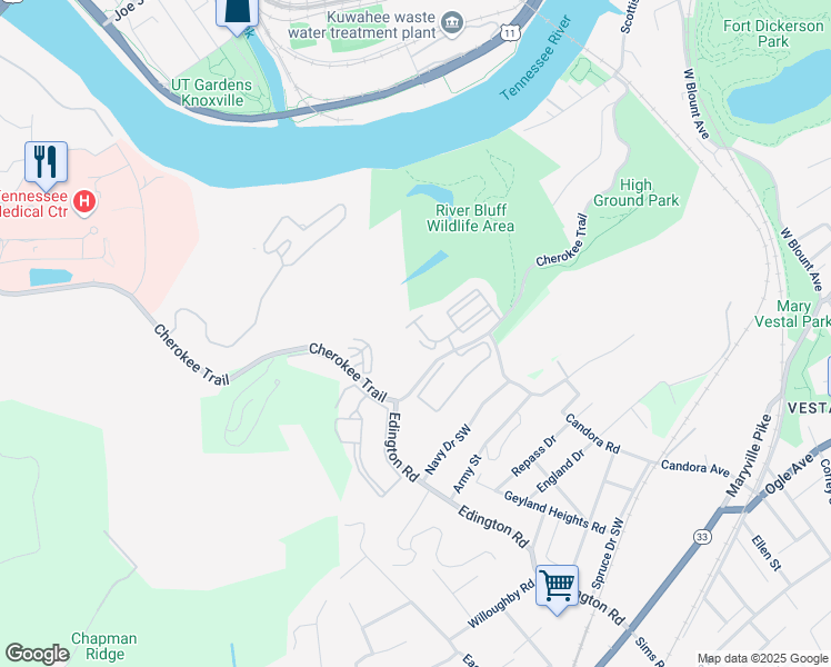 map of restaurants, bars, coffee shops, grocery stores, and more near 1122 Tree Top Way in Knoxville