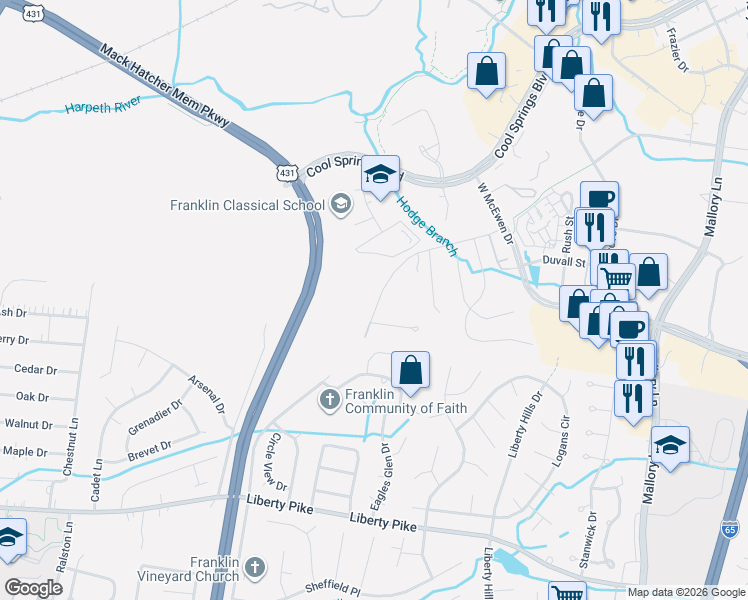 map of restaurants, bars, coffee shops, grocery stores, and more near 603 Jordan Road in Franklin
