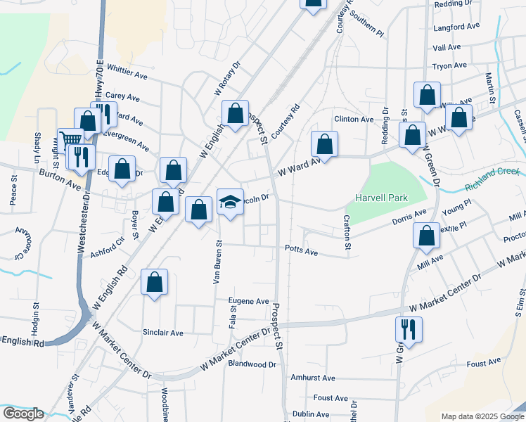 map of restaurants, bars, coffee shops, grocery stores, and more near 407 Academy Street in High Point