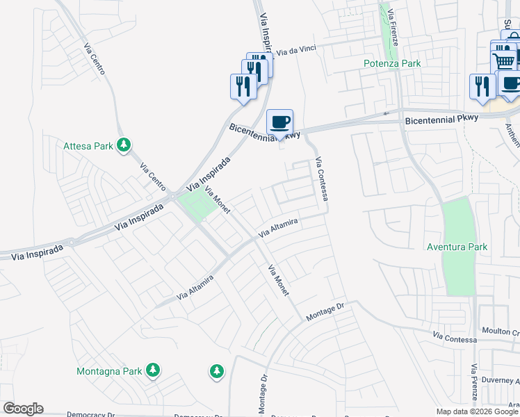 map of restaurants, bars, coffee shops, grocery stores, and more near Via Monet in Henderson