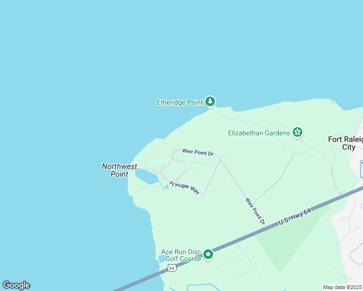 map of restaurants, bars, coffee shops, grocery stores, and more near 121 Weir Point Drive in Manteo