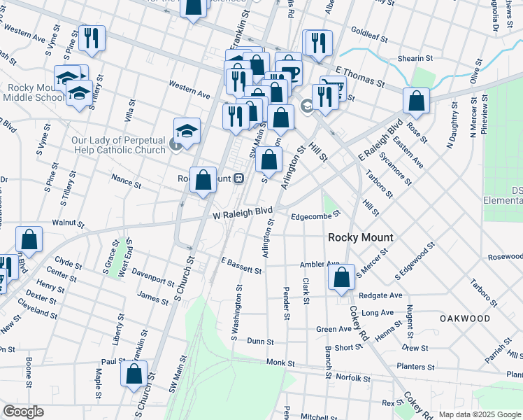 map of restaurants, bars, coffee shops, grocery stores, and more near 427 South Washington Street in Rocky Mount