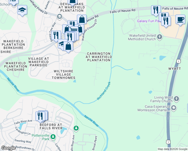 map of restaurants, bars, coffee shops, grocery stores, and more near 3208 Queensland Road in Raleigh