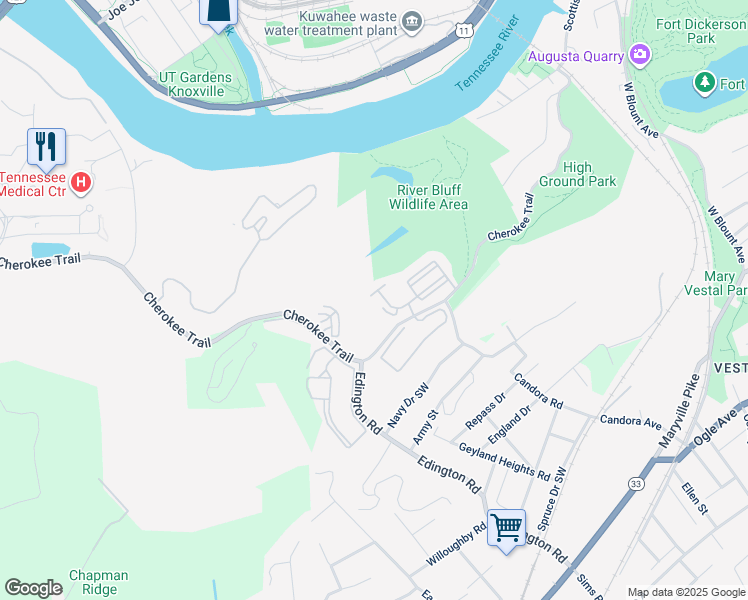 map of restaurants, bars, coffee shops, grocery stores, and more near 1130 Tree Top Way in Knoxville