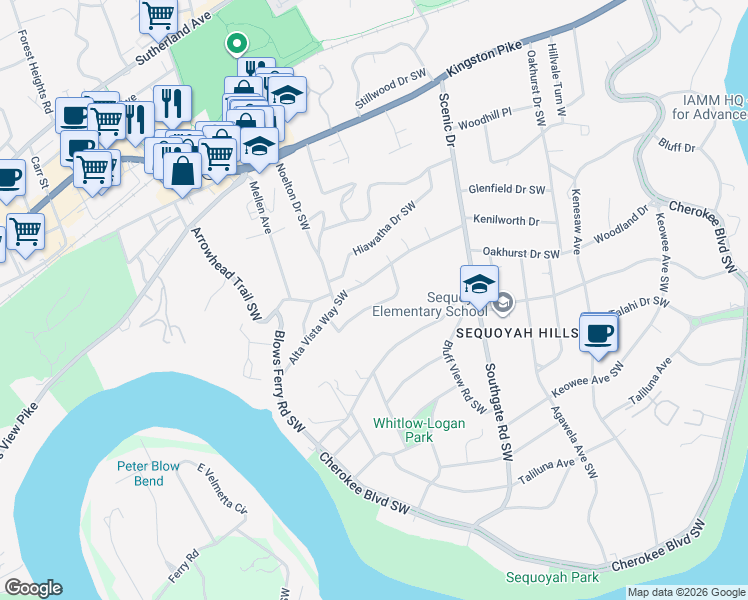 map of restaurants, bars, coffee shops, grocery stores, and more near 4224 Alta Vista Way Southwest in Knoxville