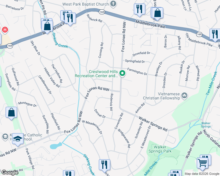 map of restaurants, bars, coffee shops, grocery stores, and more near 8800 Leyton Drive in Knoxville
