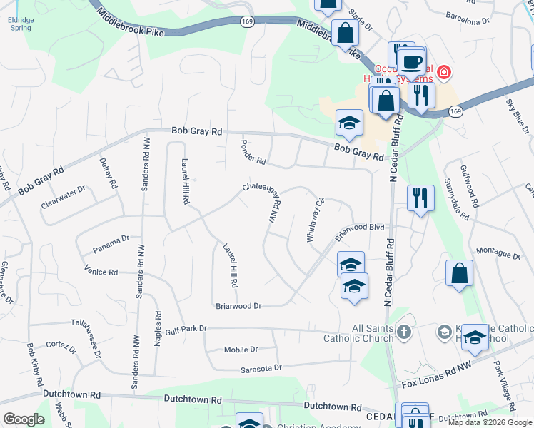 map of restaurants, bars, coffee shops, grocery stores, and more near 817 Chateaugay Road Northwest in Knoxville