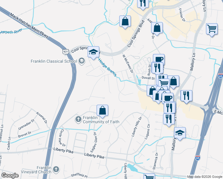 map of restaurants, bars, coffee shops, grocery stores, and more near 604 Jordan Road in Franklin
