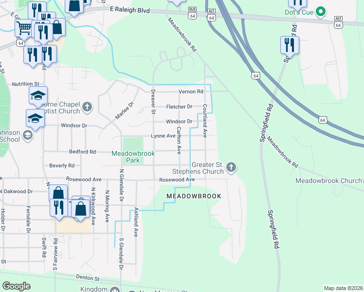map of restaurants, bars, coffee shops, grocery stores, and more near 1909 Lynne Avenue in Rocky Mount