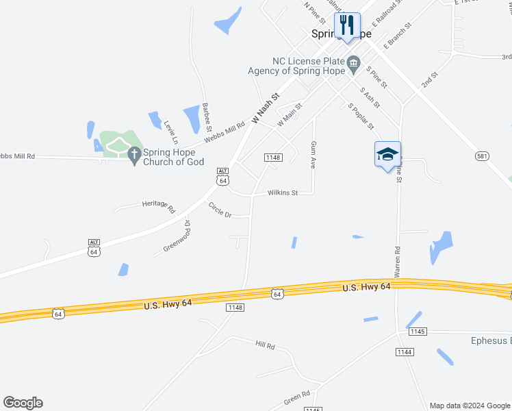 map of restaurants, bars, coffee shops, grocery stores, and more near in Spring Hope