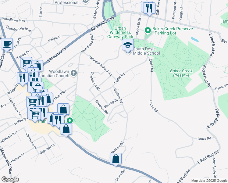 map of restaurants, bars, coffee shops, grocery stores, and more near 620 Busbee Road in Knoxville