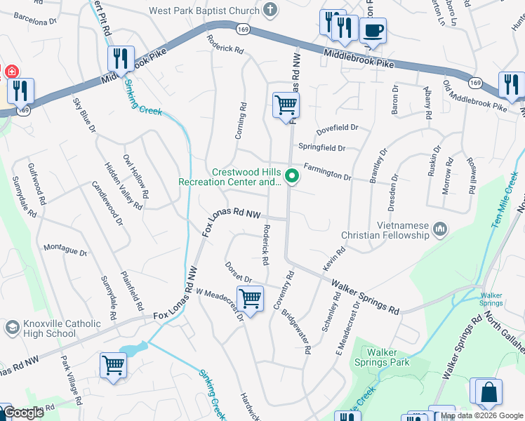 map of restaurants, bars, coffee shops, grocery stores, and more near 8800 Leyton Drive in Knoxville
