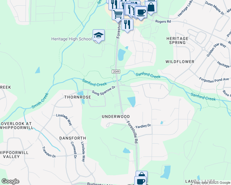 map of restaurants, bars, coffee shops, grocery stores, and more near 1309 Trailing Rose Court in Wake Forest