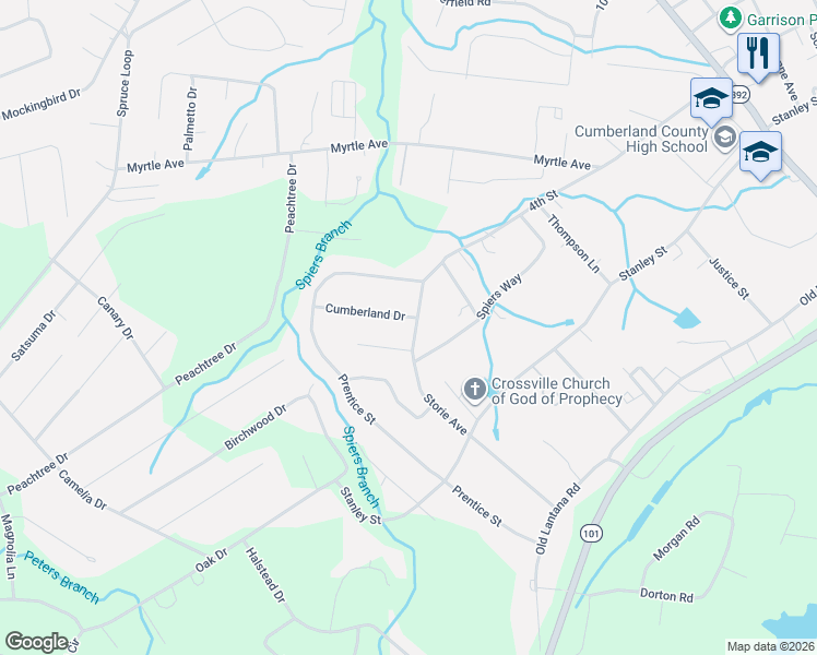 map of restaurants, bars, coffee shops, grocery stores, and more near 44 Cumberland Drive in Crossville