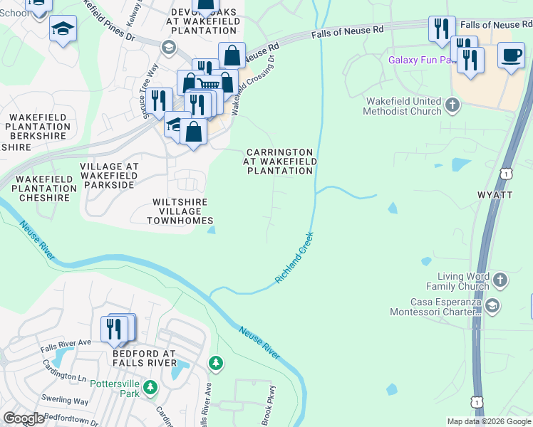 map of restaurants, bars, coffee shops, grocery stores, and more near 3208 Queensland Road in Raleigh