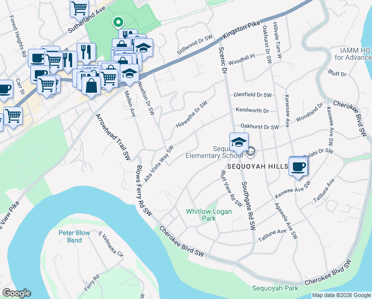 map of restaurants, bars, coffee shops, grocery stores, and more near 4224 Alta Vista Way Southwest in Knoxville