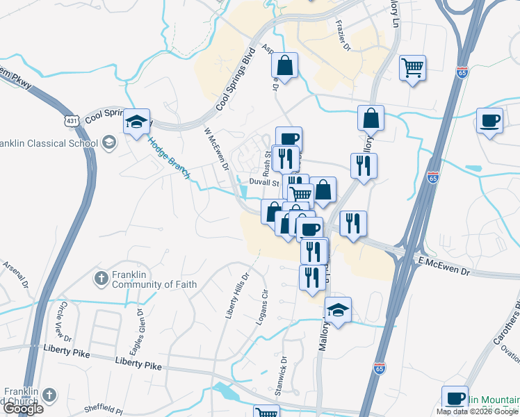 map of restaurants, bars, coffee shops, grocery stores, and more near 2001 Rush Street in Franklin