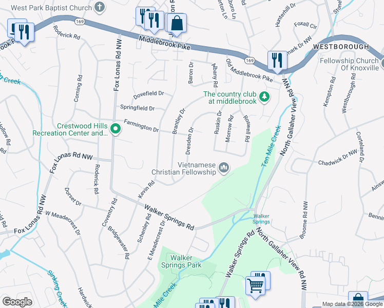 map of restaurants, bars, coffee shops, grocery stores, and more near 8512 Dresden Drive in Knoxville