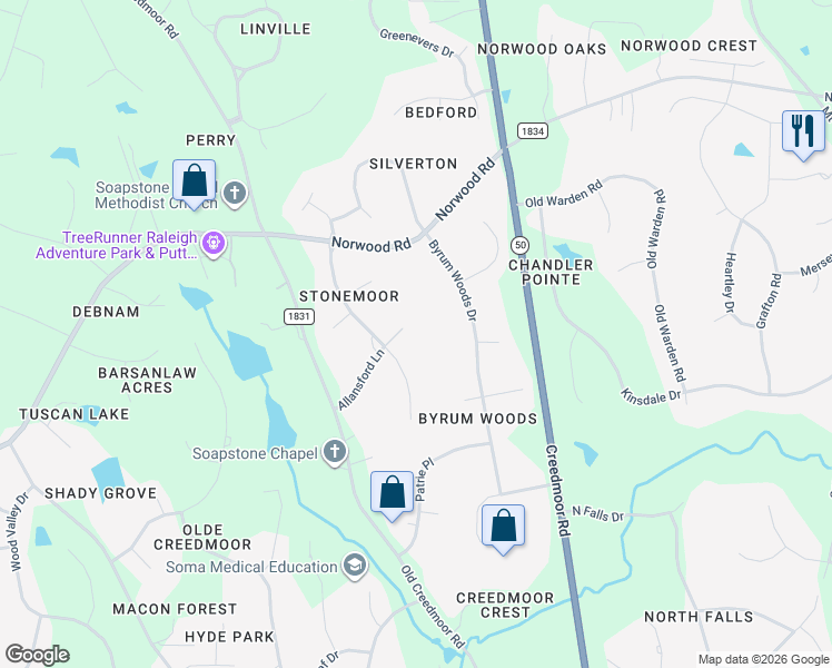 map of restaurants, bars, coffee shops, grocery stores, and more near 2905 Allansford Lane in Raleigh