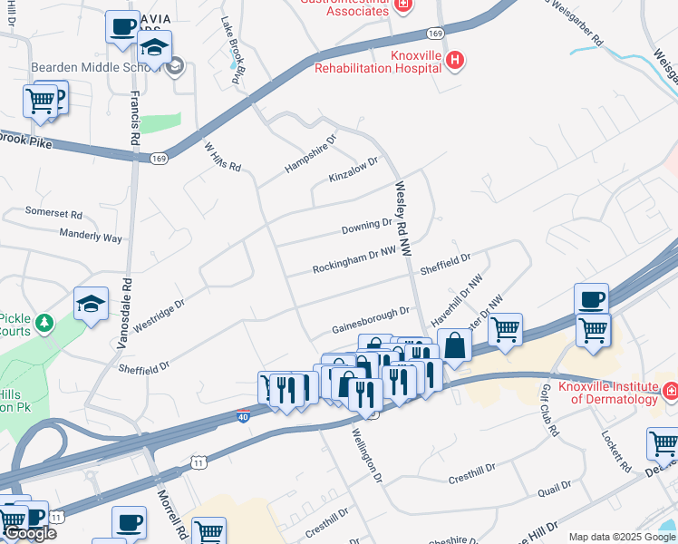 map of restaurants, bars, coffee shops, grocery stores, and more near 7023 Rockingham Drive Northwest in Knoxville