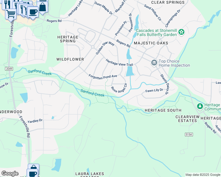map of restaurants, bars, coffee shops, grocery stores, and more near 920 Rose Angel Circle in Wake Forest