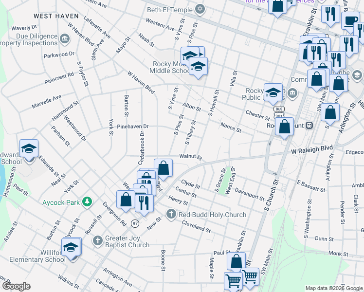 map of restaurants, bars, coffee shops, grocery stores, and more near 817 South Pine Street in Rocky Mount