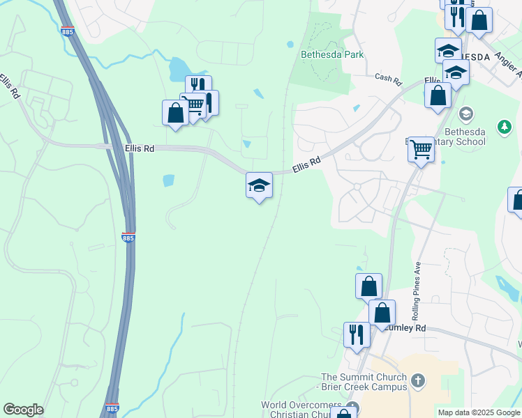 map of restaurants, bars, coffee shops, grocery stores, and more near 2418 Ellis Road in Durham