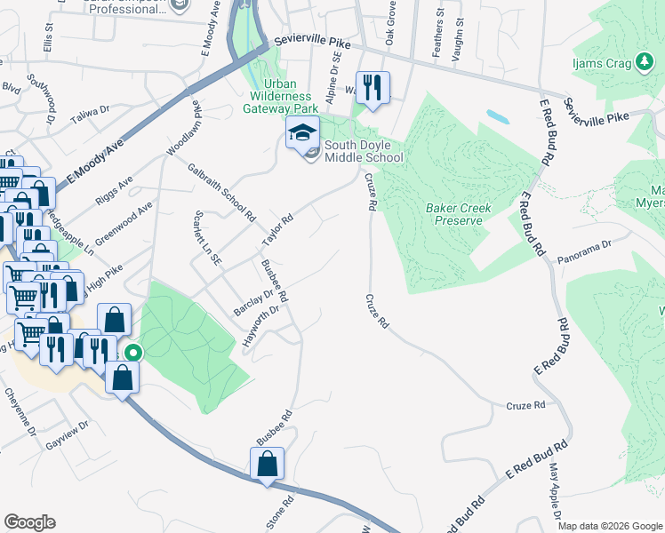 map of restaurants, bars, coffee shops, grocery stores, and more near 807 Barclay Drive in Knoxville