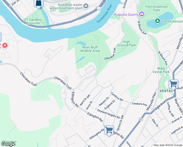 map of restaurants, bars, coffee shops, grocery stores, and more near 1101 Tree Top Way in Knoxville