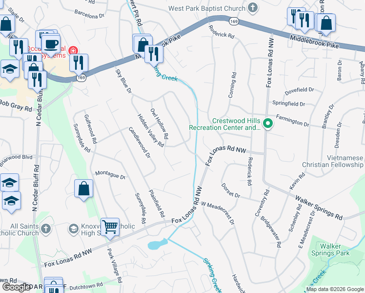 map of restaurants, bars, coffee shops, grocery stores, and more near 702 Hidden Valley Road in Knoxville