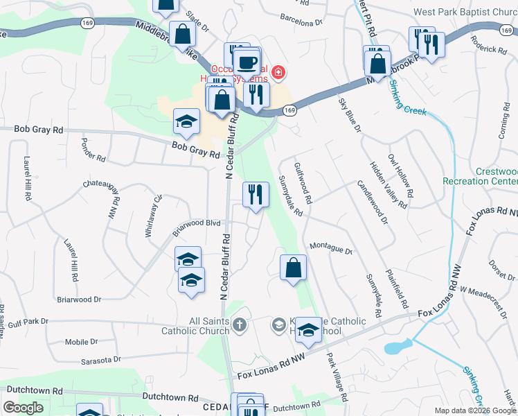 map of restaurants, bars, coffee shops, grocery stores, and more near 818 North Cedar Bluff Road in Knoxville