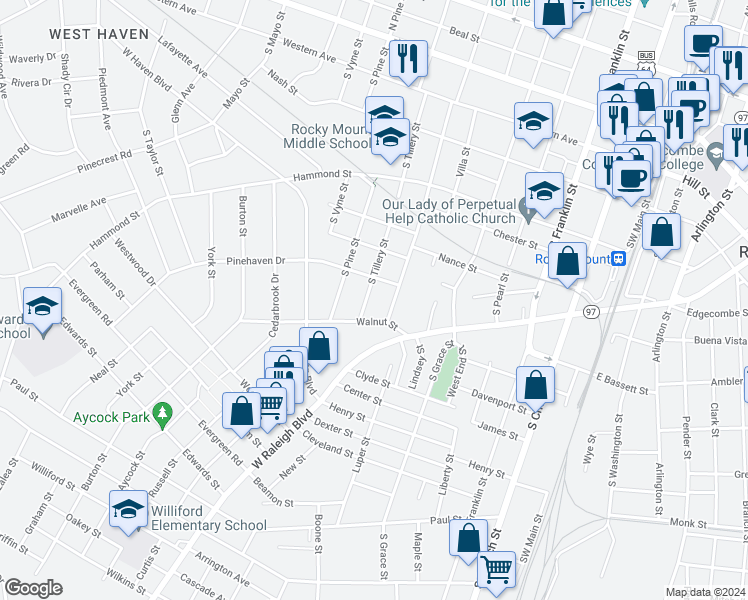 map of restaurants, bars, coffee shops, grocery stores, and more near 799 Pinehaven Drive in Rocky Mount