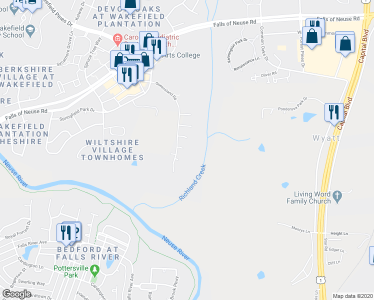 map of restaurants, bars, coffee shops, grocery stores, and more near 2908 Finsbury Park Way in Raleigh
