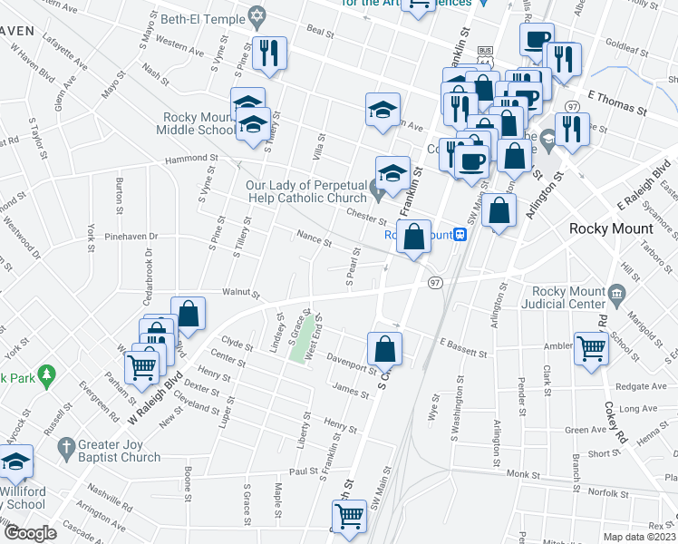 map of restaurants, bars, coffee shops, grocery stores, and more near 409 Rocky Street in Rocky Mount
