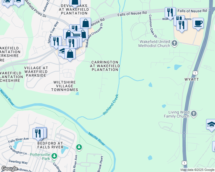 map of restaurants, bars, coffee shops, grocery stores, and more near 2908 Finsbury Park Way in Raleigh