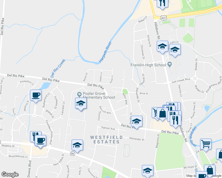 map of restaurants, bars, coffee shops, grocery stores, and more near 354 Astor Way in Franklin