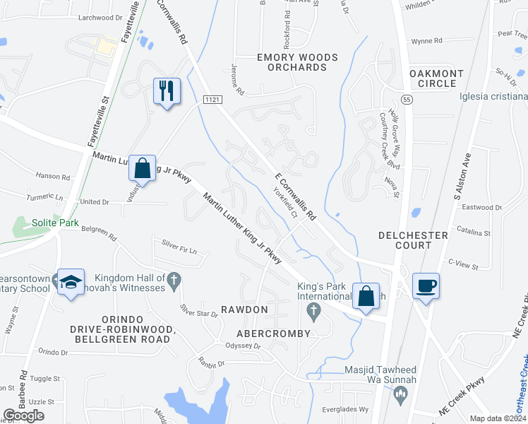 map of restaurants, bars, coffee shops, grocery stores, and more near 3252 Yorktown Avenue in Durham