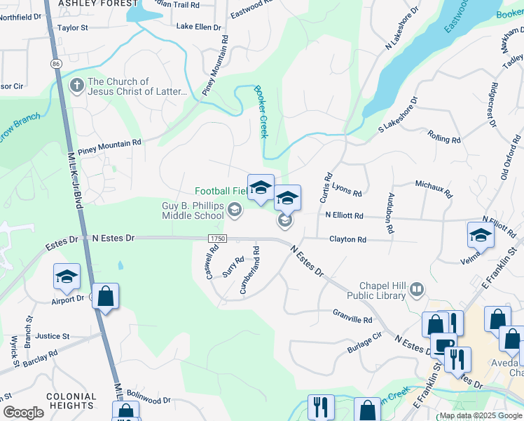 map of restaurants, bars, coffee shops, grocery stores, and more near 606 North Estes Drive in Chapel Hill