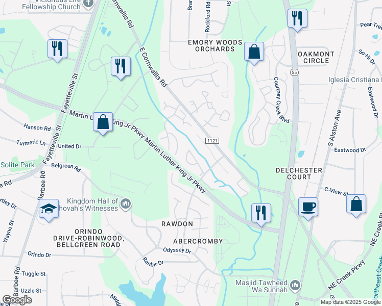 map of restaurants, bars, coffee shops, grocery stores, and more near 3252 Yorktown Avenue in Durham