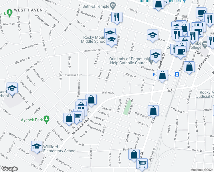 map of restaurants, bars, coffee shops, grocery stores, and more near 821 South Tillery Street in Rocky Mount