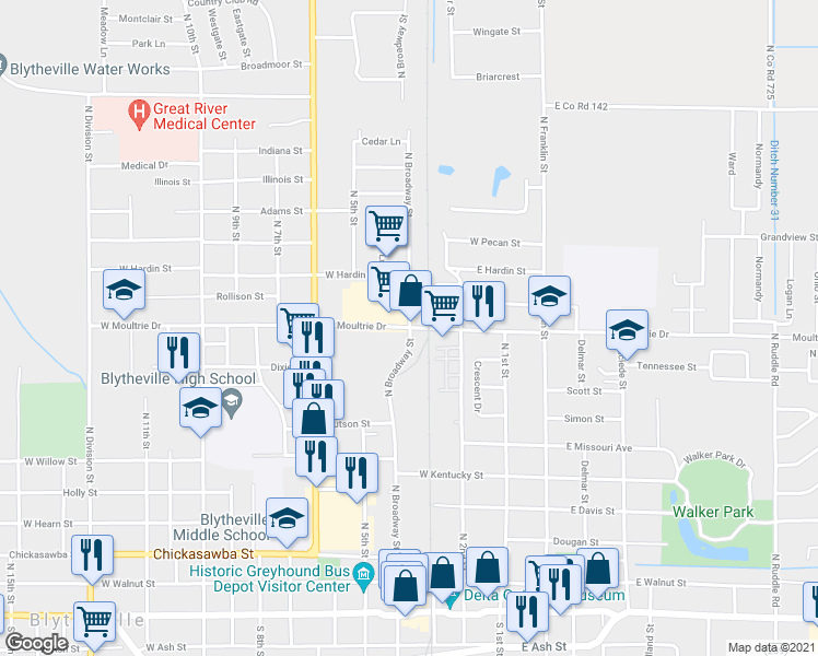 map of restaurants, bars, coffee shops, grocery stores, and more near 301 West Moultrie Drive in Blytheville