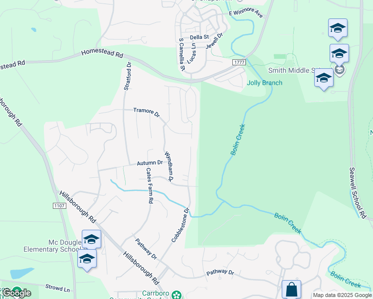 map of restaurants, bars, coffee shops, grocery stores, and more near 217 Cobblestone Drive in Chapel Hill