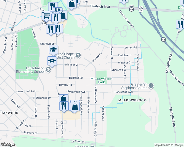 map of restaurants, bars, coffee shops, grocery stores, and more near 1699 Lynne Avenue in Rocky Mount