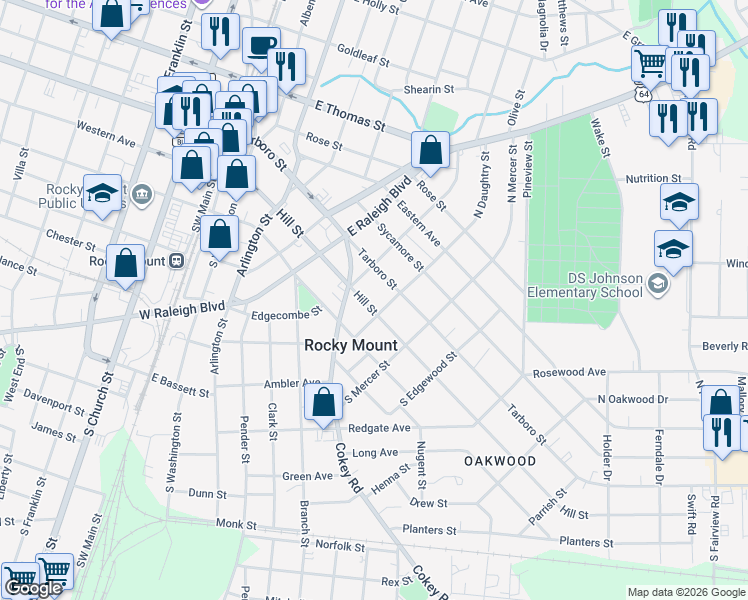 map of restaurants, bars, coffee shops, grocery stores, and more near 627 Tarboro Street in Rocky Mount