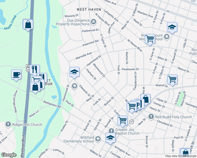 map of restaurants, bars, coffee shops, grocery stores, and more near 733 Parham Street in Rocky Mount