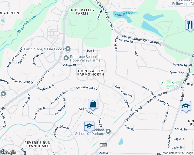 map of restaurants, bars, coffee shops, grocery stores, and more near 412 Greymist Drive in Durham