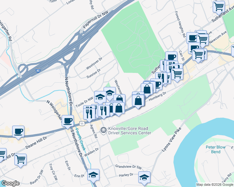 map of restaurants, bars, coffee shops, grocery stores, and more near 104 Westwood Road in Knoxville